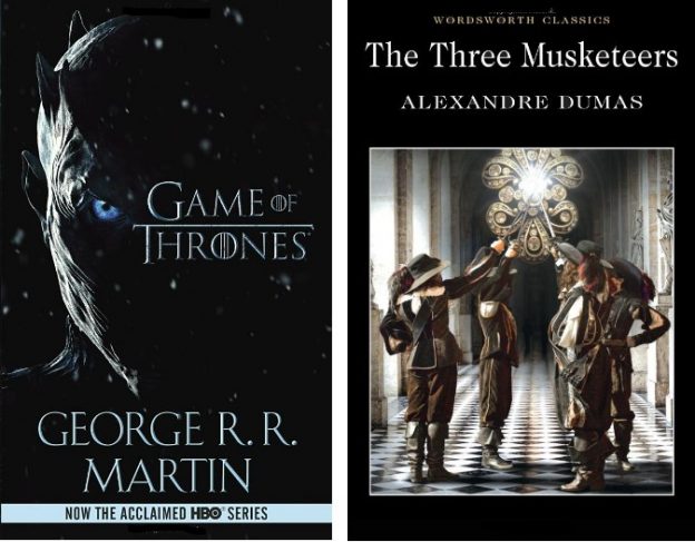 klassikkokirjojen kansikuvia: kolme muskettisoturia ja Game of Thrones