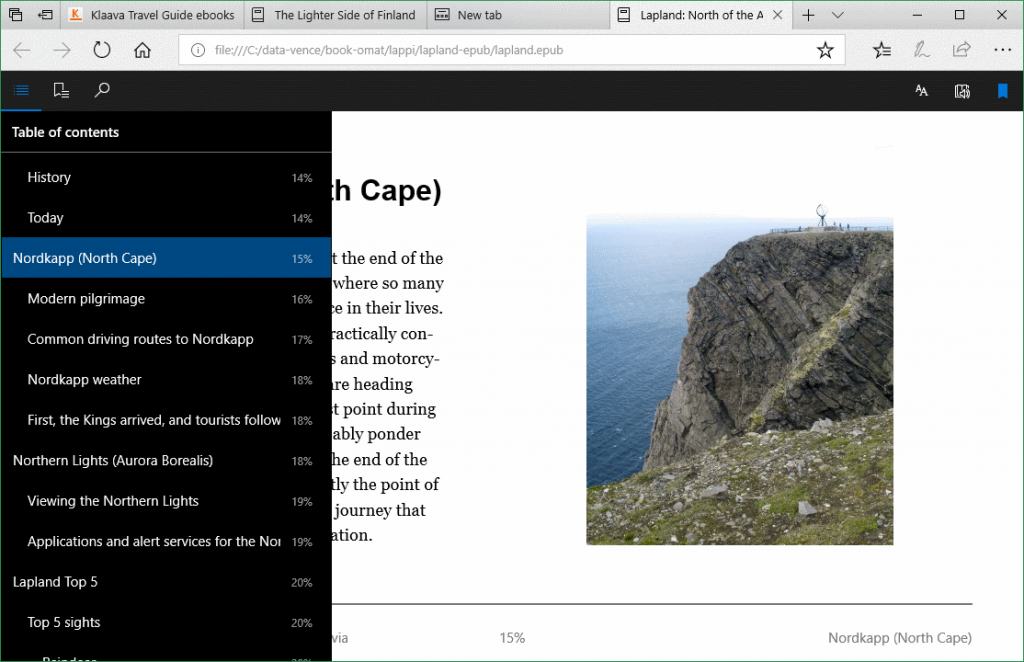 Microsoft Edge verkkoselain, e-kirjat luettavissa