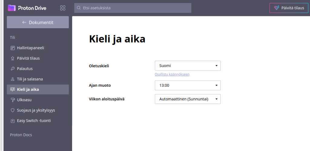 proton drive ja proton docs henkilökohtaiset asetukset
