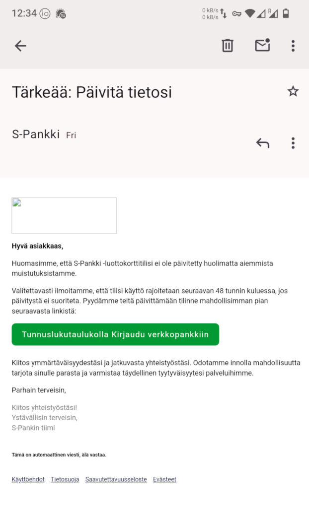 huijausviesti puhelimen näytöllä